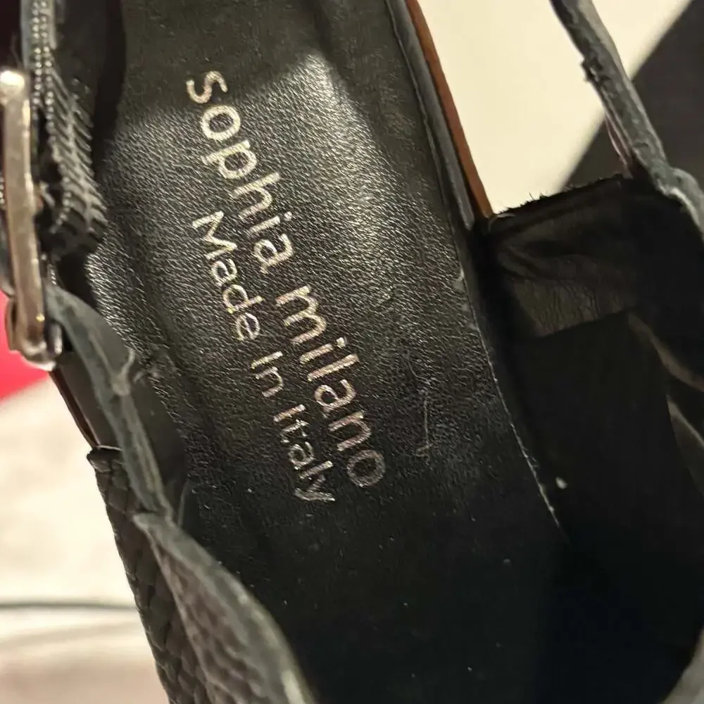 Sophia Milano Black Leather Woven Peep Toe Wedge Sandals